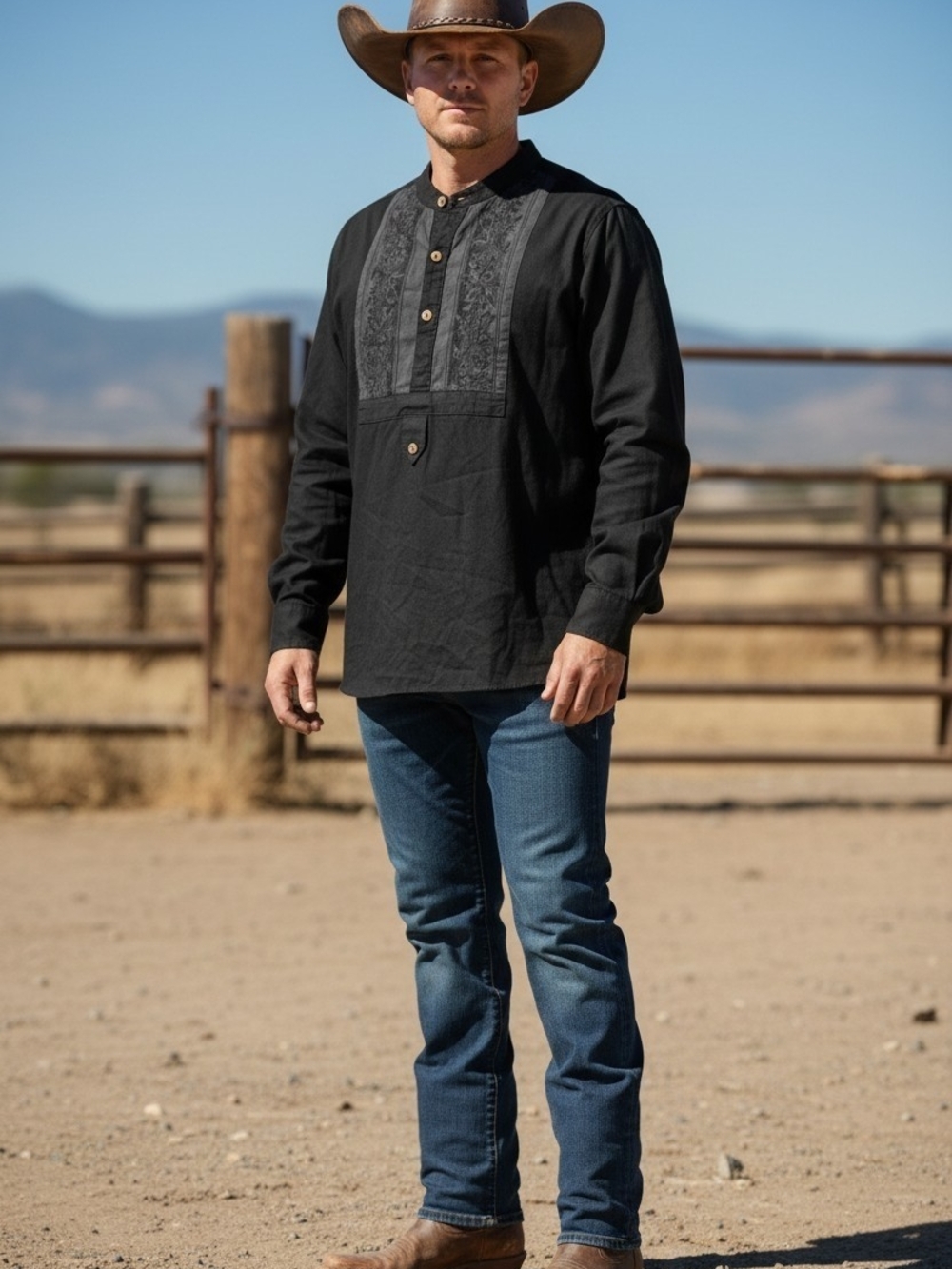 Men's Roper Black Floral Henley Western Cowboy Shirt Sz L